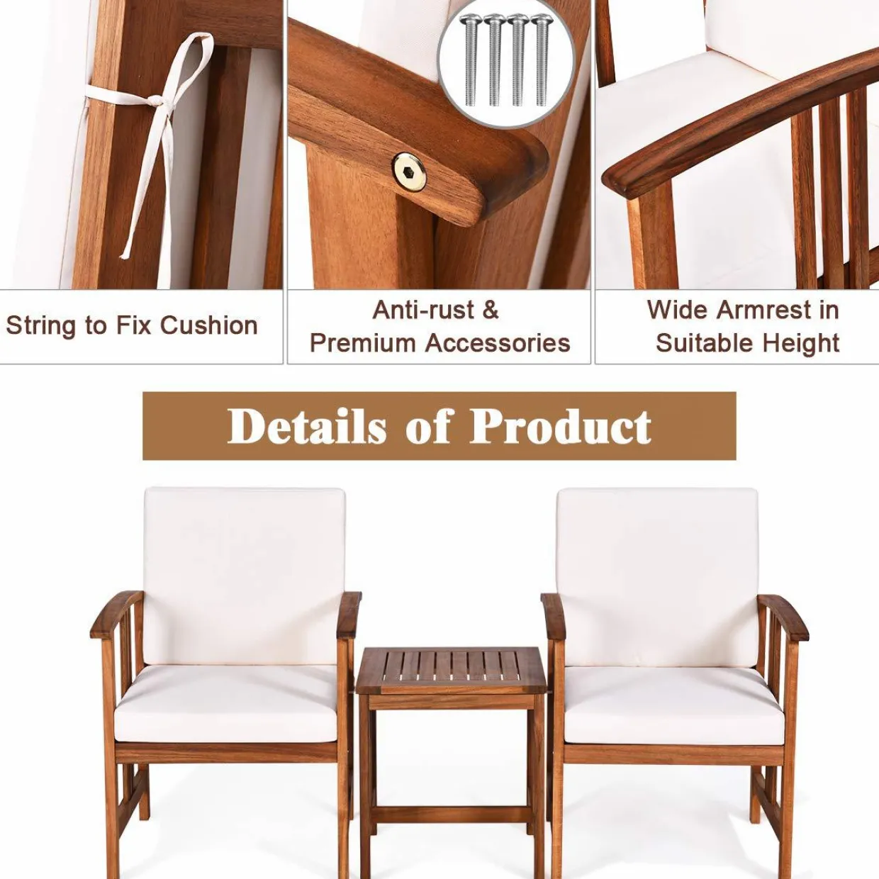 Tangkula 3-Piece Outdoor Acacia Wood Sofa Set w/Cushions