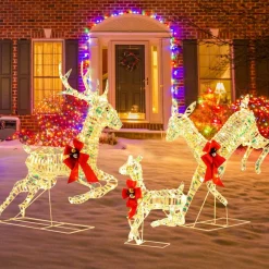 Tangkula 3-Piece Outdoor Christmas Lighted Reindeer Family Set, Light up Xmas Deer Decorations ( 3.4 FT+3.1 FT+1.6 FT )
