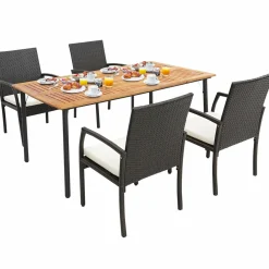 Tangkula 5-Piece Outdoor Dining Set with Acacia Wood Table & 4 Wicker Rattan Armrest Chairs