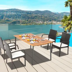 Tangkula 5-Piece Outdoor Dining Set with Acacia Wood Table & 4 Wicker Rattan Armrest Chairs