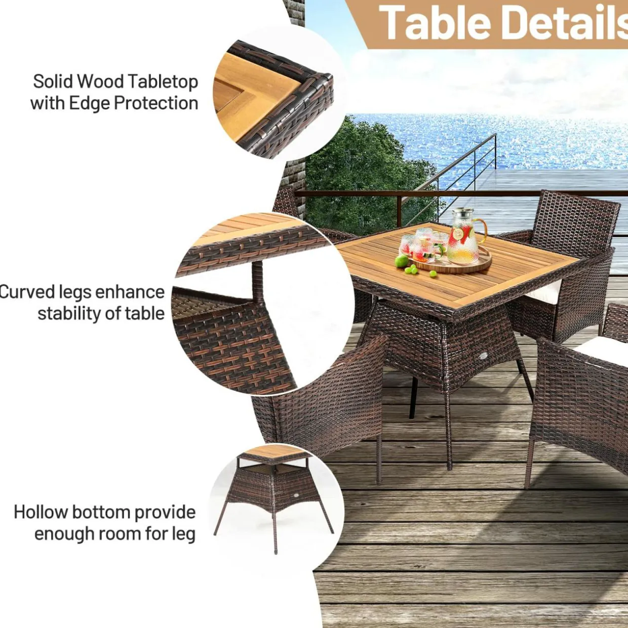 Tangkula 6-Piece Outdoor Dining Set, PE Wicker Patio Dining Table and Chairs Set with Cushions