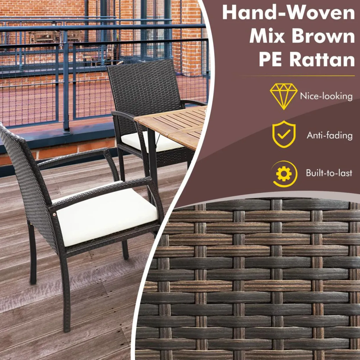 Tangkula 5-Piece Outdoor Dining Set with Acacia Wood Table & 4 Wicker Rattan Armrest Chairs