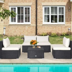 Tangkula 5-Piece Outdoor Patio Furniture Set, Patiojoy PE Wicker Conversation Set with Cushions and Coffee Table
