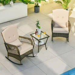 Tangkula 3-Piece Outdoor Rocking Chair Set, Hand-Woven PE Rattan Chairs