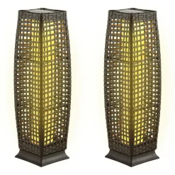 Tangkula 2-Piece Outdoor Solar Powered Floor Lamps, IP65 Waterproof Wicker Floor Lamps with Auto On/Off LED Light