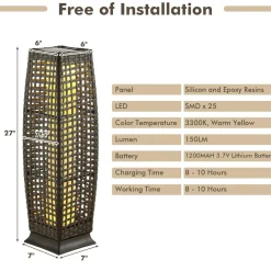 Tangkula 2-Piece Outdoor Solar Powered Floor Lamps, IP65 Waterproof Wicker Floor Lamps with Auto On/Off LED Light