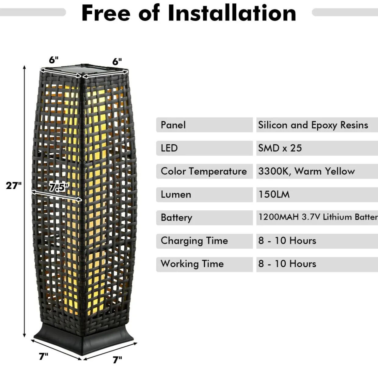Tangkula 2-Piece Outdoor Solar Powered Floor Lamps, IP65 Waterproof Wicker Floor Lamps with Auto On/Off LED Light