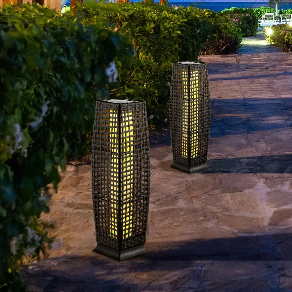 Tangkula 2-Piece Outdoor Solar Powered Floor Lamps, IP65 Waterproof Wicker Floor Lamps with Auto On/Off LED Light