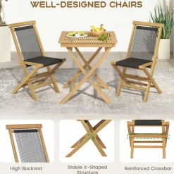 Tangkula 3-Piece Patio Bistro Set, Teak Wood Square Coffee Table & Folding Chairs Set of 2