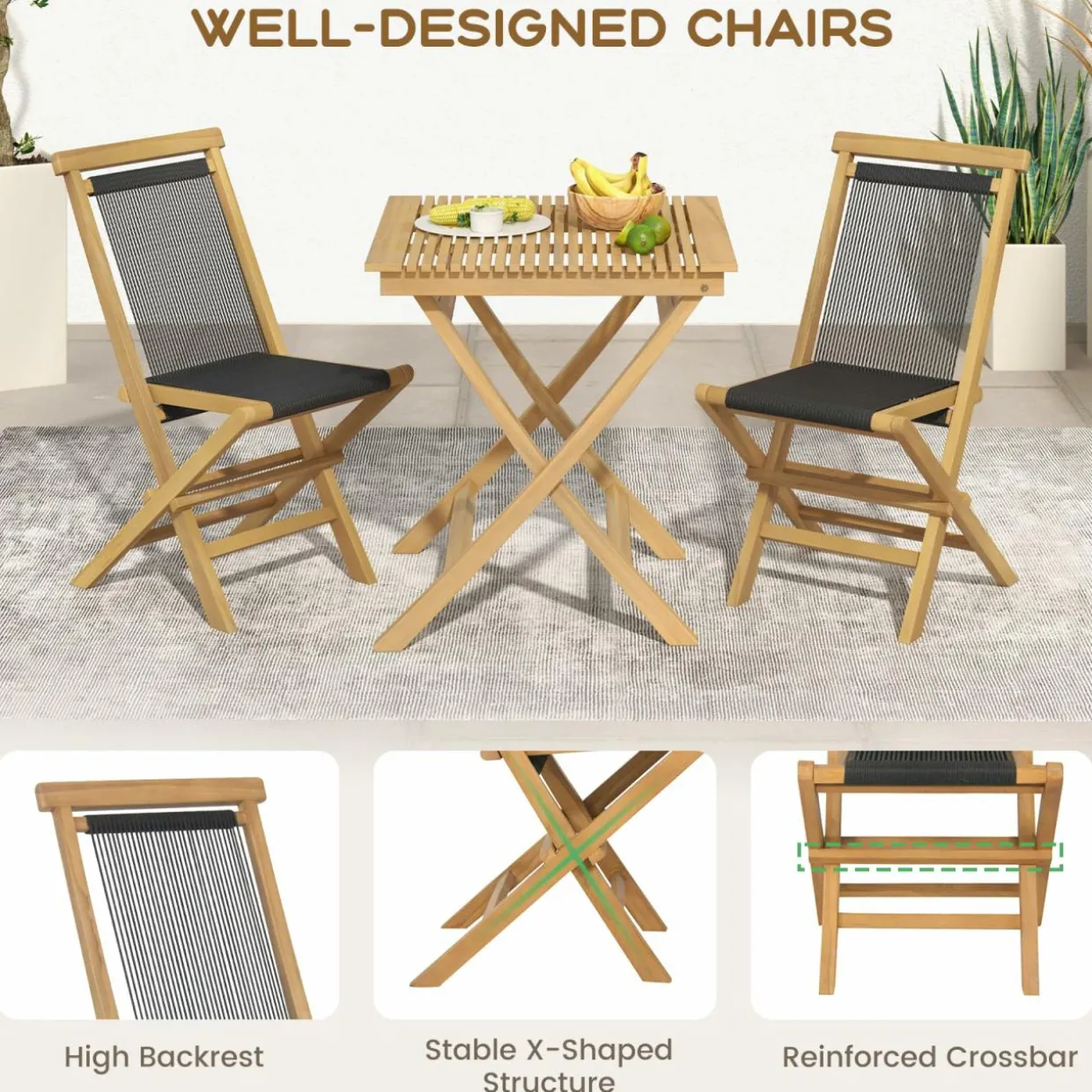 Tangkula 3-Piece Patio Bistro Set, Teak Wood Square Coffee Table & Folding Chairs Set of 2