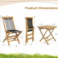 Tangkula 3-Piece Patio Bistro Set, Teak Wood Square Coffee Table & Folding Chairs Set of 2