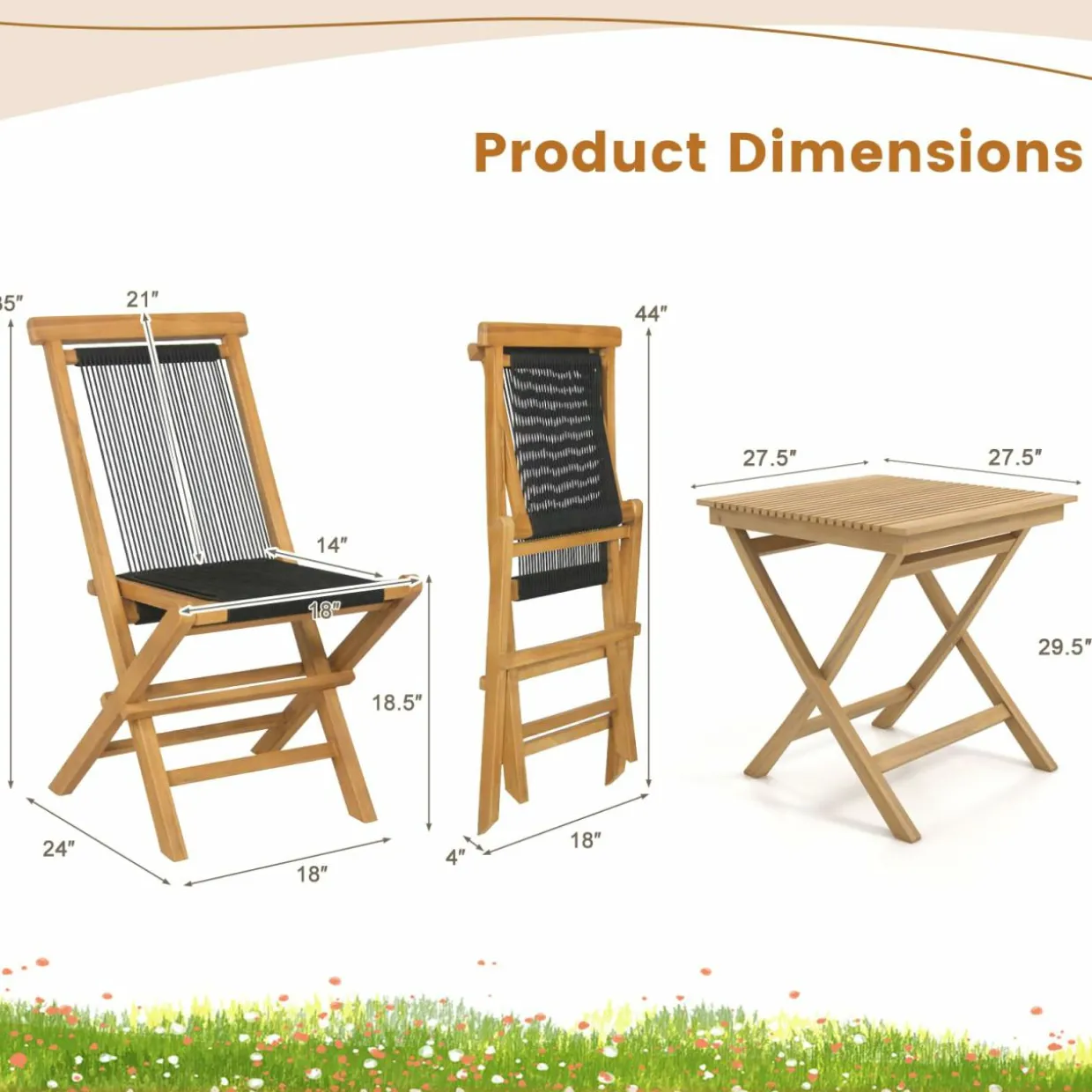 Tangkula 3-Piece Patio Bistro Set, Teak Wood Square Coffee Table & Folding Chairs Set of 2