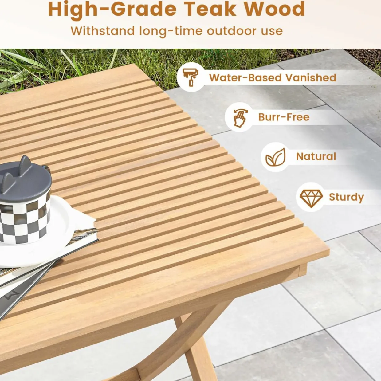 Tangkula 3-Piece Patio Bistro Set, Teak Wood Square Coffee Table & Folding Chairs Set of 2