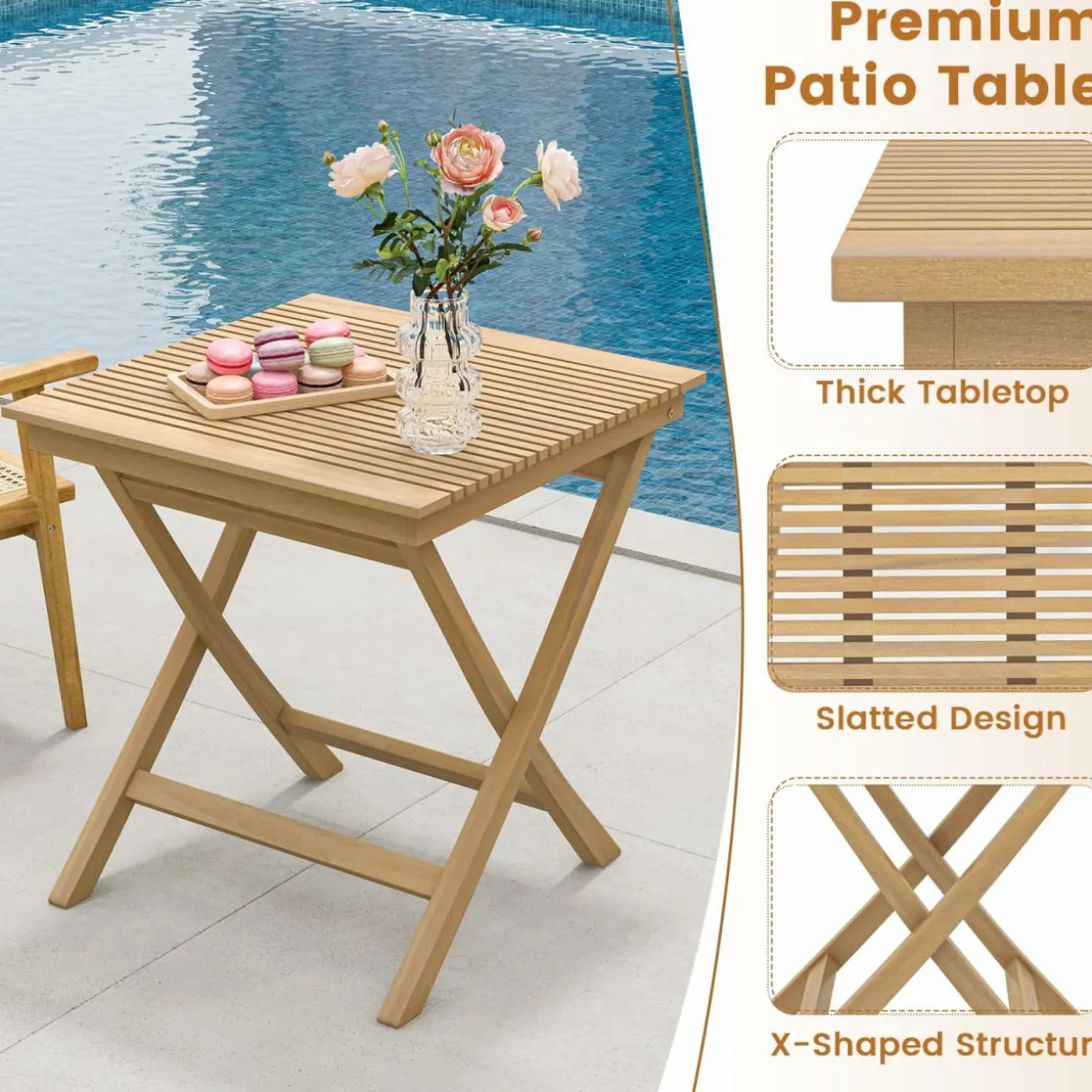 Tangkula 3-Piece Patio Bistro Set, Teak Wood Square Coffee Table & Folding Chairs Set of 2