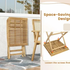 Tangkula 3-Piece Patio Bistro Set, Teak Wood Square Coffee Table & Folding Chairs Set of 2