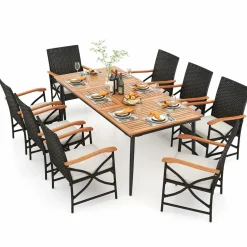 Tangkula 9-Piece Patio Dining Set, 79" Outdoor Acacia Wood Dining Table & 8 Rattan-Woven Dining Chairs with 1.9" Umbrella Hole