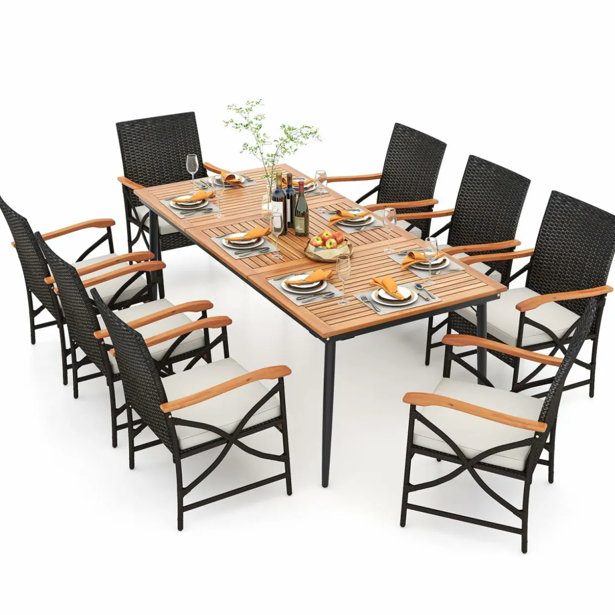Tangkula 9-Piece Patio Dining Set, 79" Outdoor Acacia Wood Dining Table & 8 Rattan-Woven Dining Chairs with 1.9" Umbrella Hole