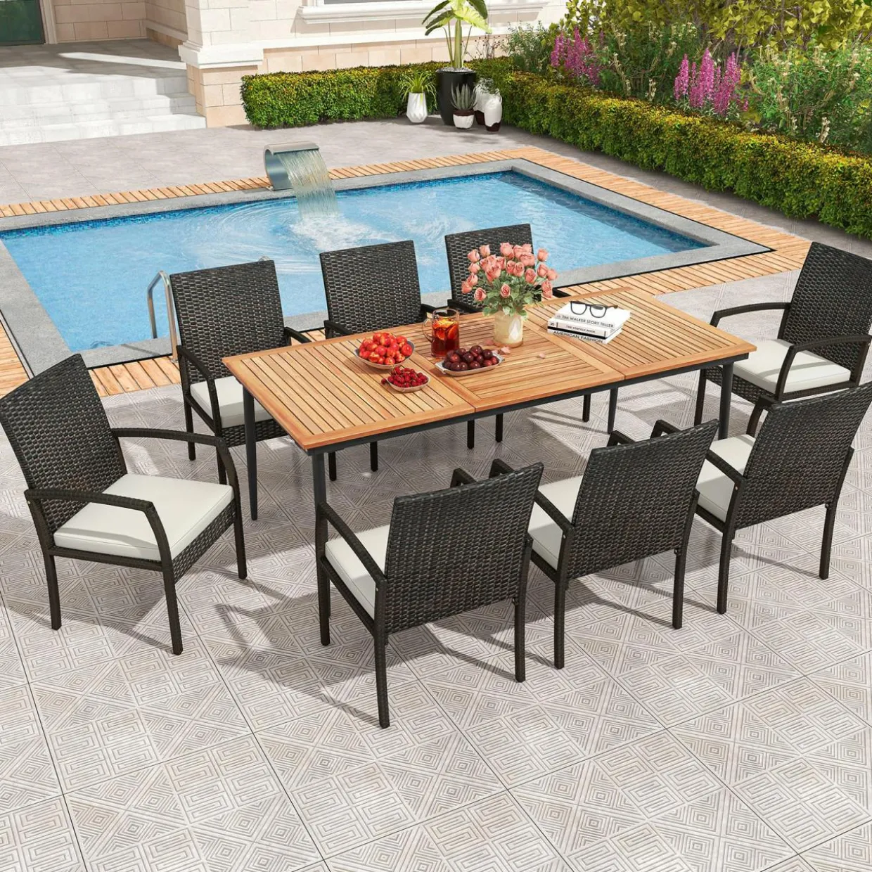 Tangkula 9-Piece Patio Dining Set, 79" Outdoor Acacia Wood Dining Table with 1.9" Umbrella Hole & 8 Rattan-Woven Dining Chairs with Seat Cushions