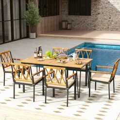 Tangkula 7-Piece Patio Dining Set, Acacia Wood Outdoor Furniture Set with 2” Umbrella Hole and Seat Cushions