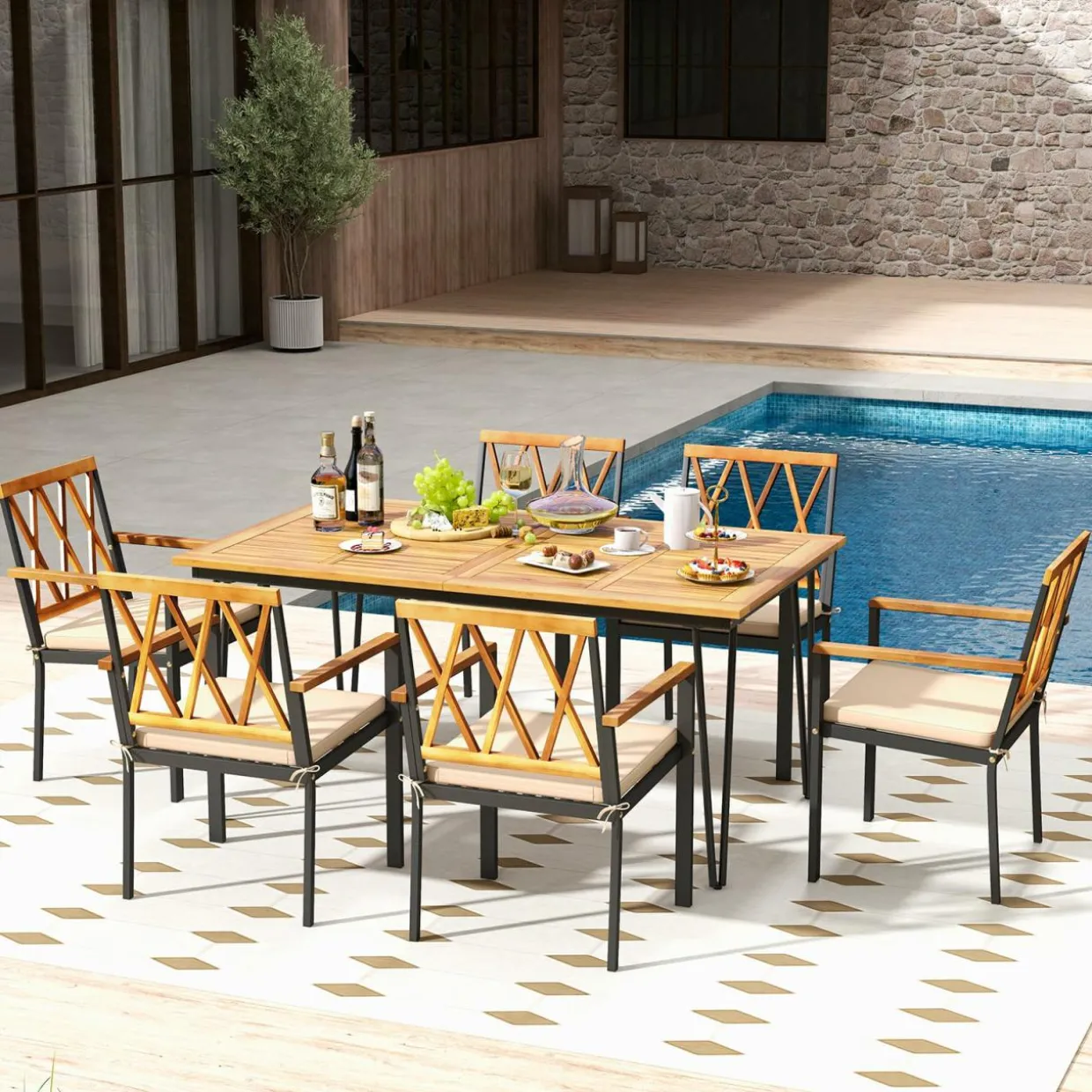 Tangkula 7-Piece Patio Dining Set, Acacia Wood Outdoor Furniture Set with 2” Umbrella Hole and Seat Cushions