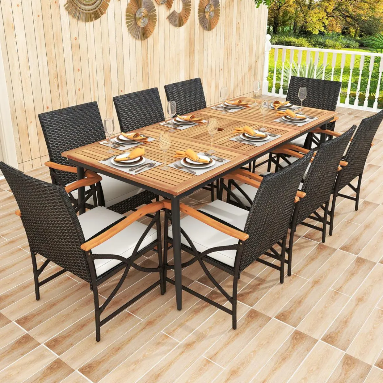 Tangkula 9-Piece Patio Dining Set, 79" Outdoor Acacia Wood Dining Table & 8 Rattan-Woven Dining Chairs with 1.9" Umbrella Hole