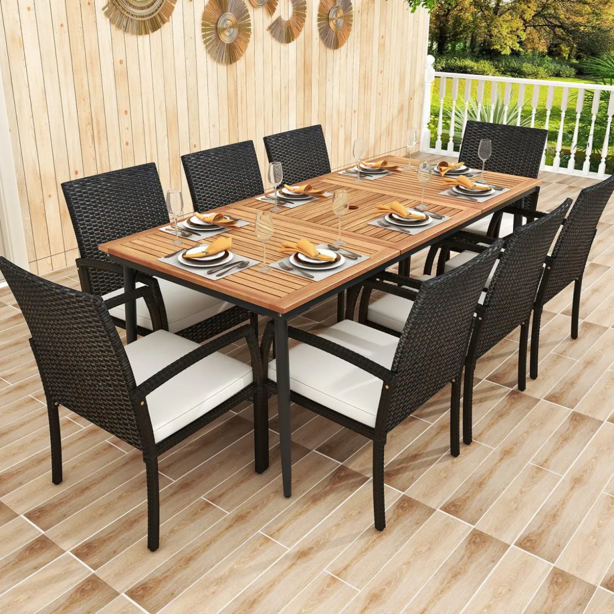 Tangkula 9-Piece Patio Dining Set, 79" Outdoor Acacia Wood Dining Table with 1.9" Umbrella Hole & 8 Rattan-Woven Dining Chairs with Seat Cushions