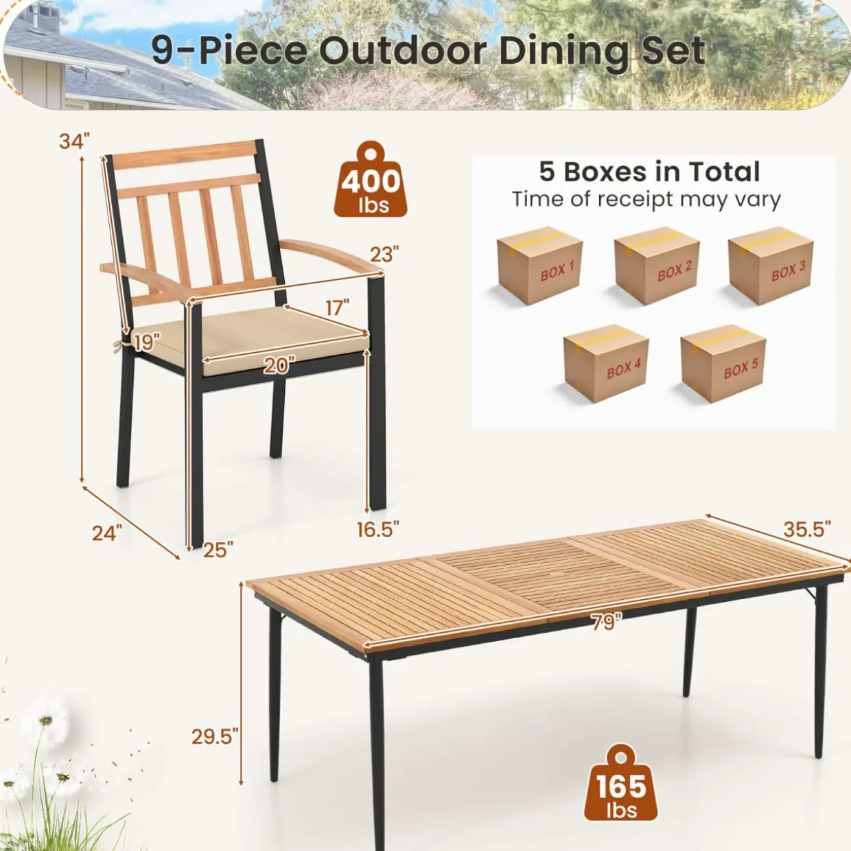 Tangkula 9-Piece Patio Dining Set, 79" Rectangle Dining Tables with 8 Wooden Armchairs