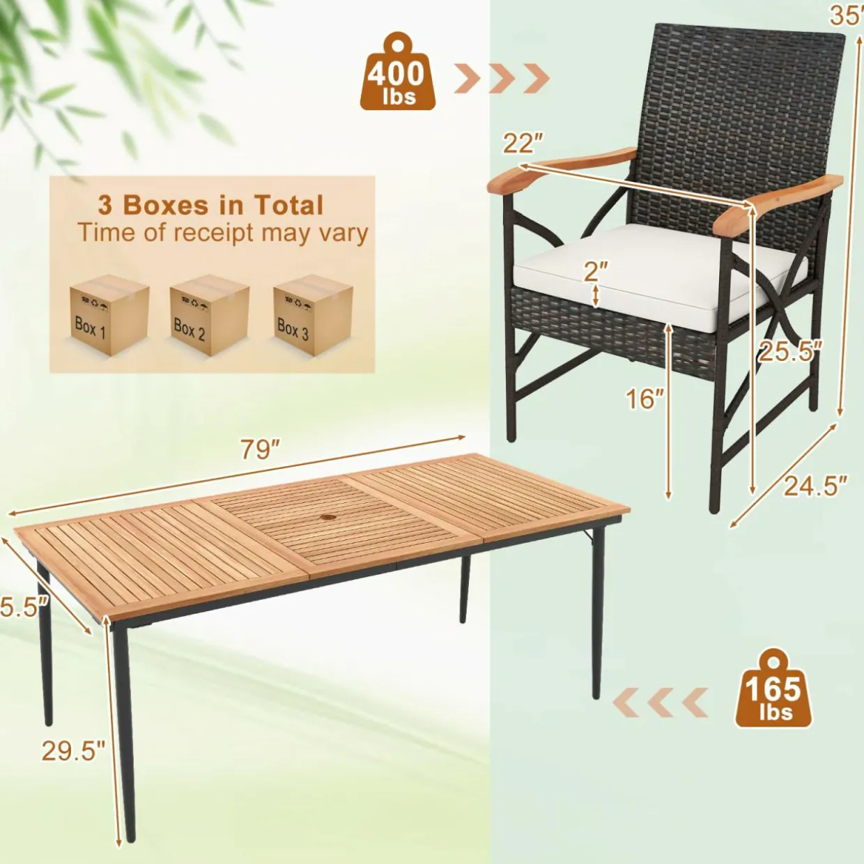 Tangkula 9-Piece Patio Dining Set, 79" Outdoor Acacia Wood Dining Table & 8 Rattan-Woven Dining Chairs with 1.9" Umbrella Hole