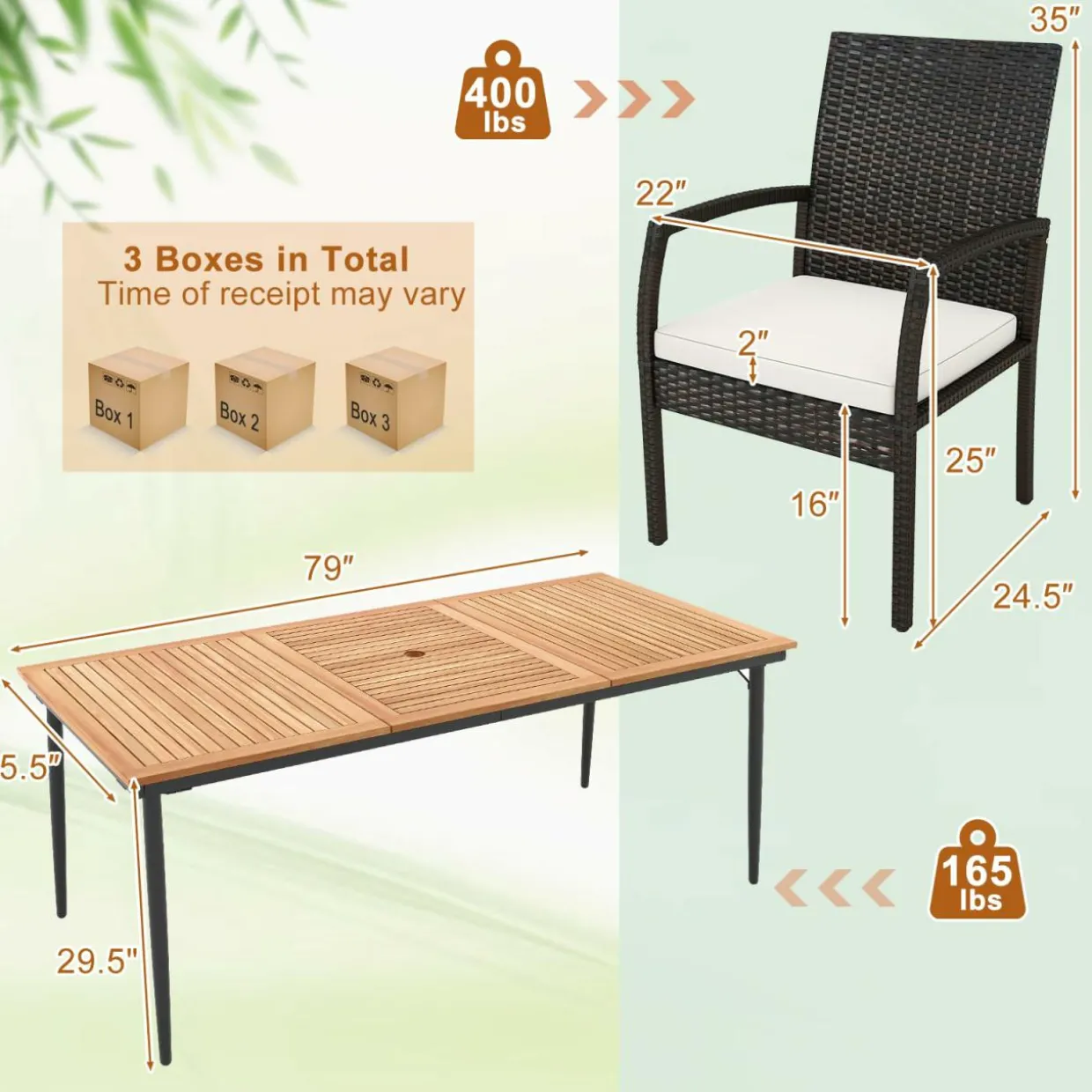 Tangkula 9-Piece Patio Dining Set, 79" Outdoor Acacia Wood Dining Table with 1.9" Umbrella Hole & 8 Rattan-Woven Dining Chairs with Seat Cushions