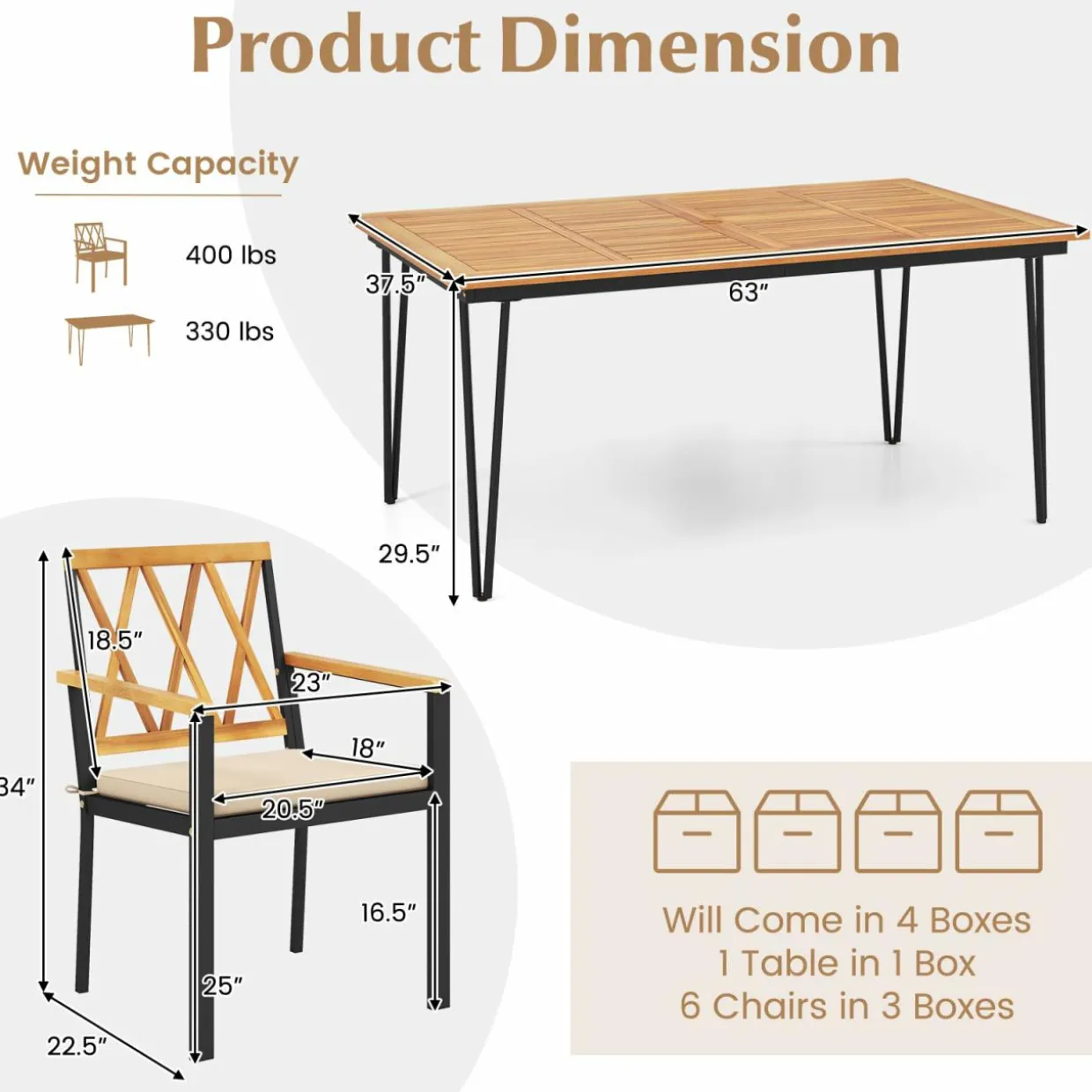 Tangkula 7-Piece Patio Dining Set, Acacia Wood Outdoor Furniture Set with 2” Umbrella Hole and Seat Cushions