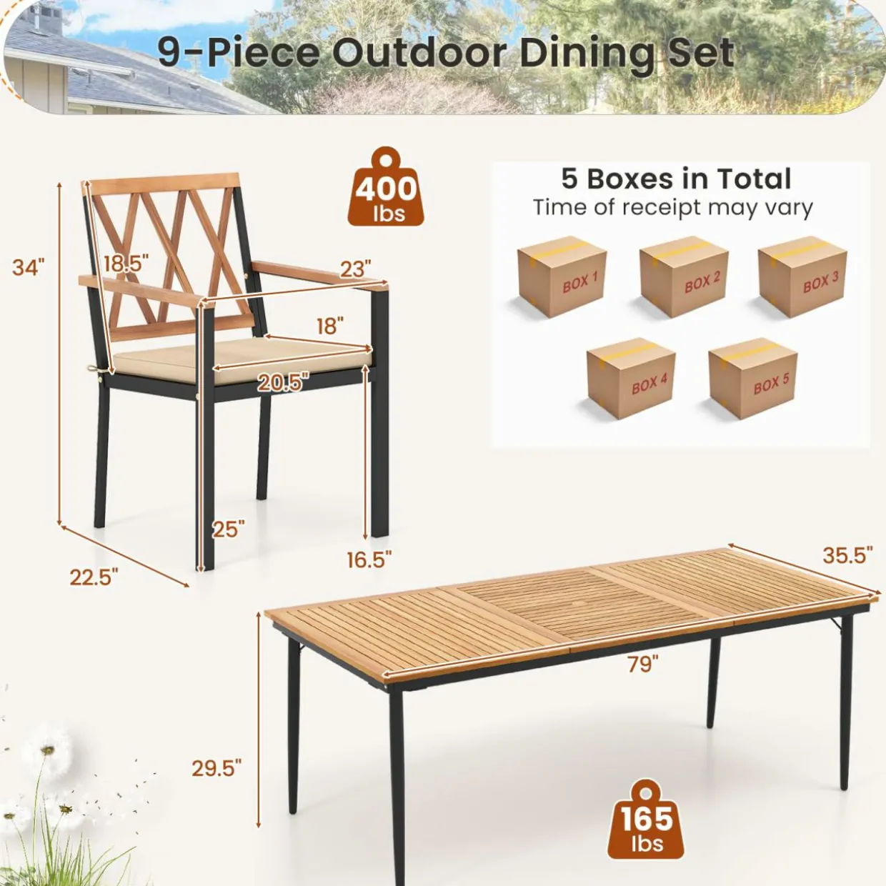 Tangkula 9-Piece Patio Dining Set, Outdoor Acacia Wood Dining Table with 1.9" Umbrella Hole& 8 Dining Chairs with Cross Hollow Back and Seat Cushions