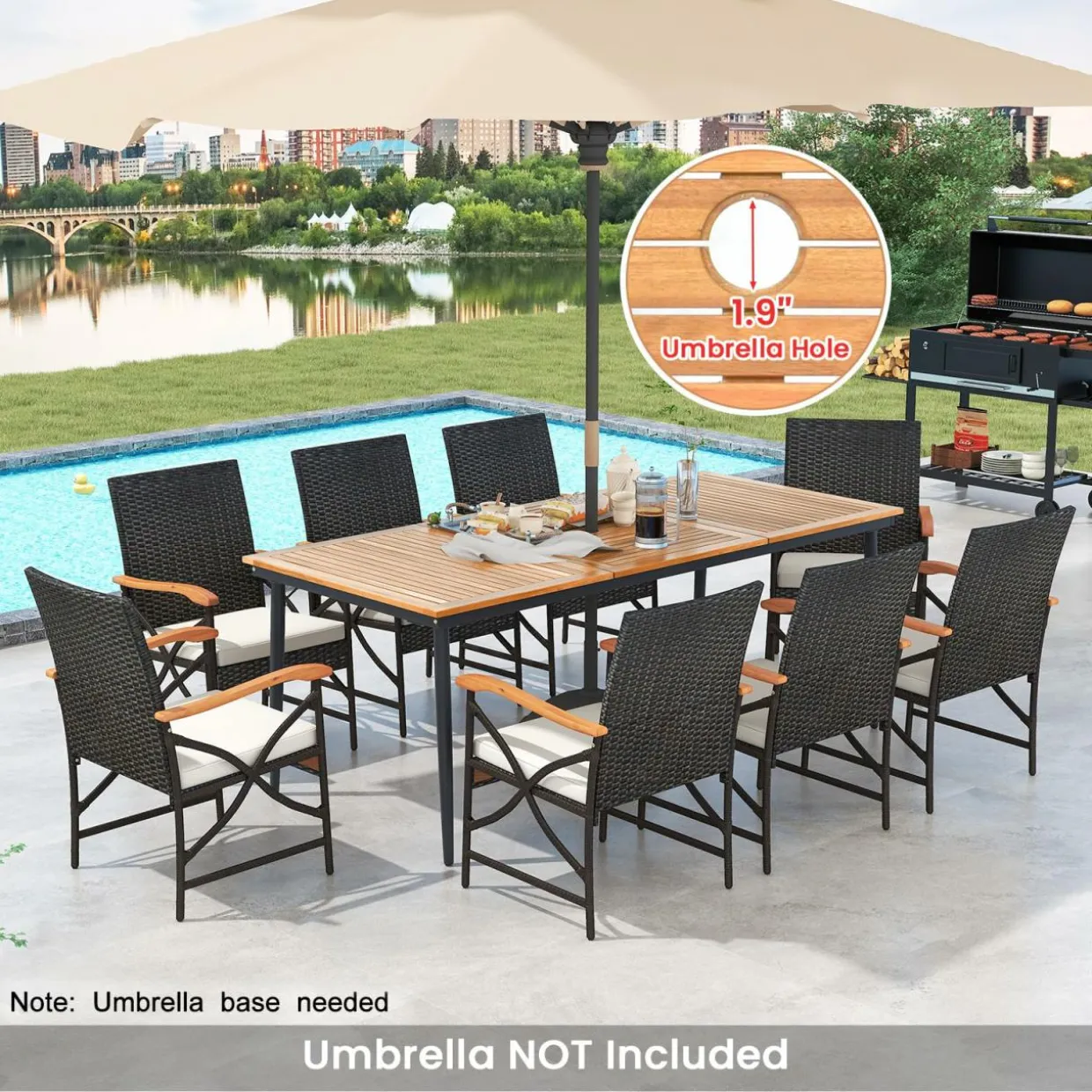 Tangkula 9-Piece Patio Dining Set, 79" Outdoor Acacia Wood Dining Table & 8 Rattan-Woven Dining Chairs with 1.9" Umbrella Hole