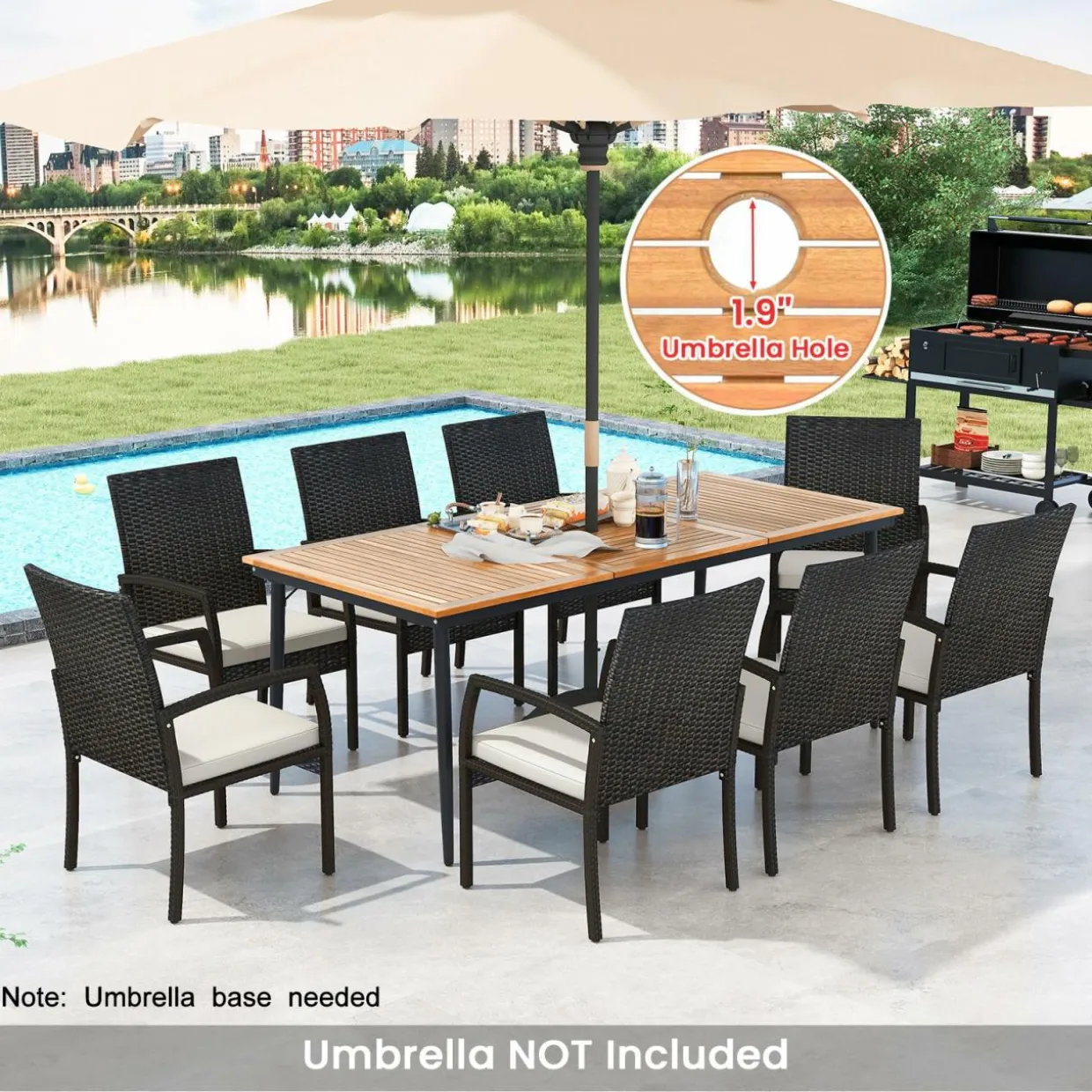 Tangkula 9-Piece Patio Dining Set, 79" Outdoor Acacia Wood Dining Table with 1.9" Umbrella Hole & 8 Rattan-Woven Dining Chairs with Seat Cushions