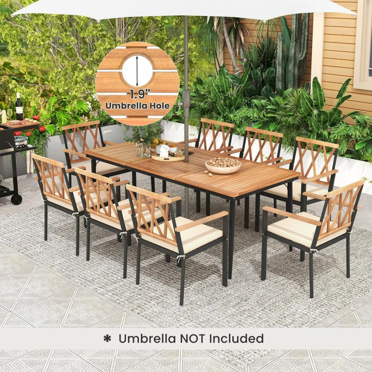 Tangkula 9-Piece Patio Dining Set, Outdoor Acacia Wood Dining Table with 1.9" Umbrella Hole& 8 Dining Chairs with Cross Hollow Back and Seat Cushions