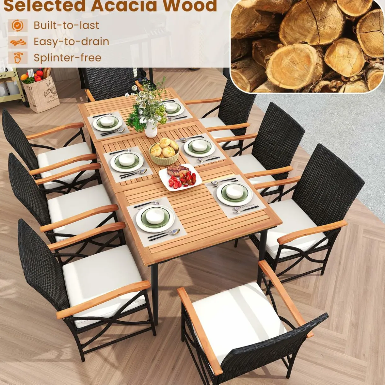 Tangkula 9-Piece Patio Dining Set, 79" Outdoor Acacia Wood Dining Table & 8 Rattan-Woven Dining Chairs with 1.9" Umbrella Hole