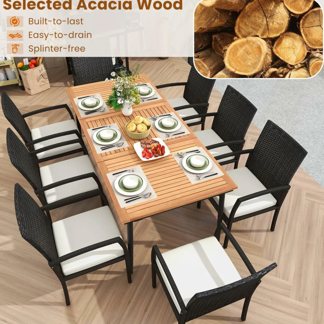 Tangkula 9-Piece Patio Dining Set, 79" Outdoor Acacia Wood Dining Table with 1.9" Umbrella Hole & 8 Rattan-Woven Dining Chairs with Seat Cushions