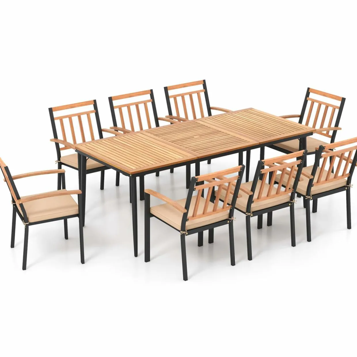 Tangkula 9-Piece Patio Dining Set, 79" Rectangle Dining Tables with 8 Wooden Armchairs