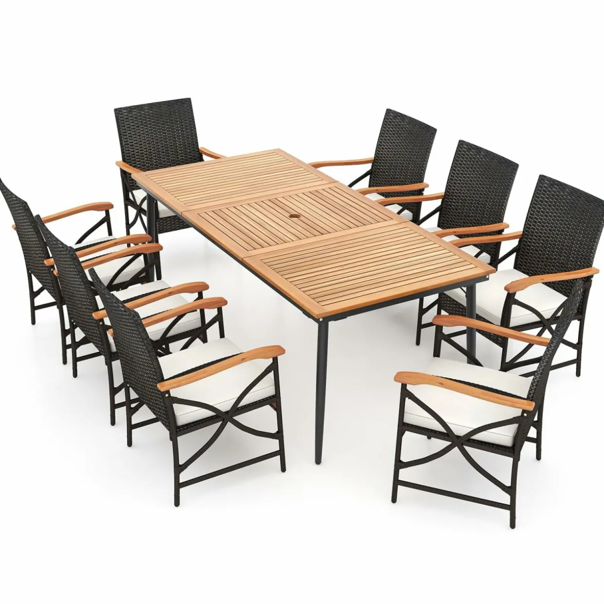 Tangkula 9-Piece Patio Dining Set, 79" Outdoor Acacia Wood Dining Table & 8 Rattan-Woven Dining Chairs with 1.9" Umbrella Hole