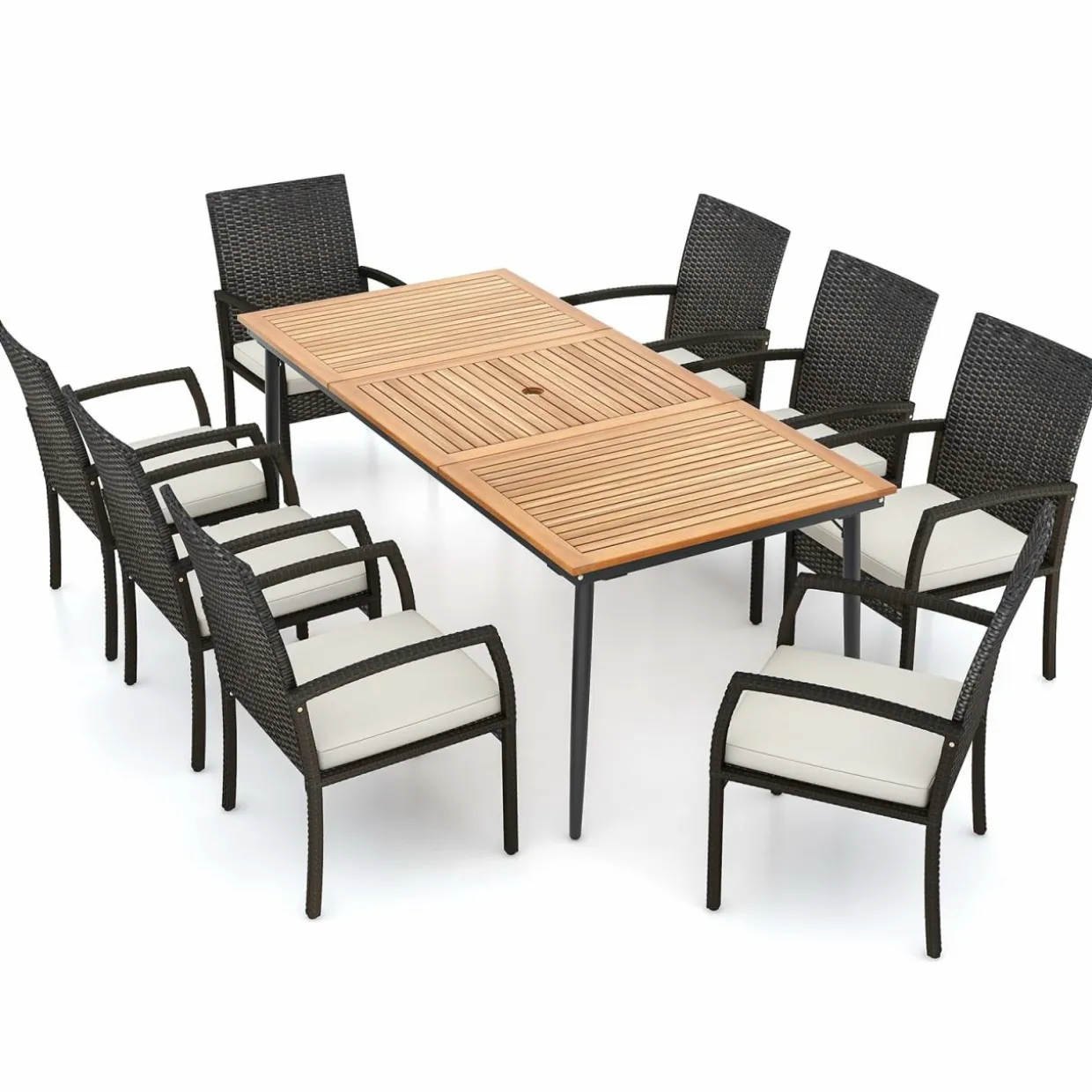 Tangkula 9-Piece Patio Dining Set, 79" Outdoor Acacia Wood Dining Table with 1.9" Umbrella Hole & 8 Rattan-Woven Dining Chairs with Seat Cushions