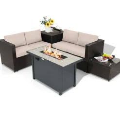 Tangkula 5-Piece Patio Furniture Set with 42 Inches Propane Fire Pit Table, Outdoor Wicker Conversation Set with Cushions
