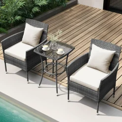 Tangkula 3-Piece Patio Furniture Set w/A Tempered Glass Table & 2 Cushioned Chairs