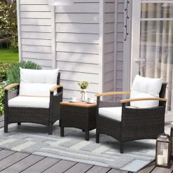 Tangkula 3-Piece Patio Furniture Set, Patiojoy Outdoor Rattan Sofa Set with Coffee Table, Patio Conversation Set with Removable Cushion