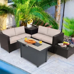 Tangkula 5-Piece Patio Furniture Set with 42 Inches Propane Fire Pit Table, Outdoor Wicker Conversation Set with Cushions