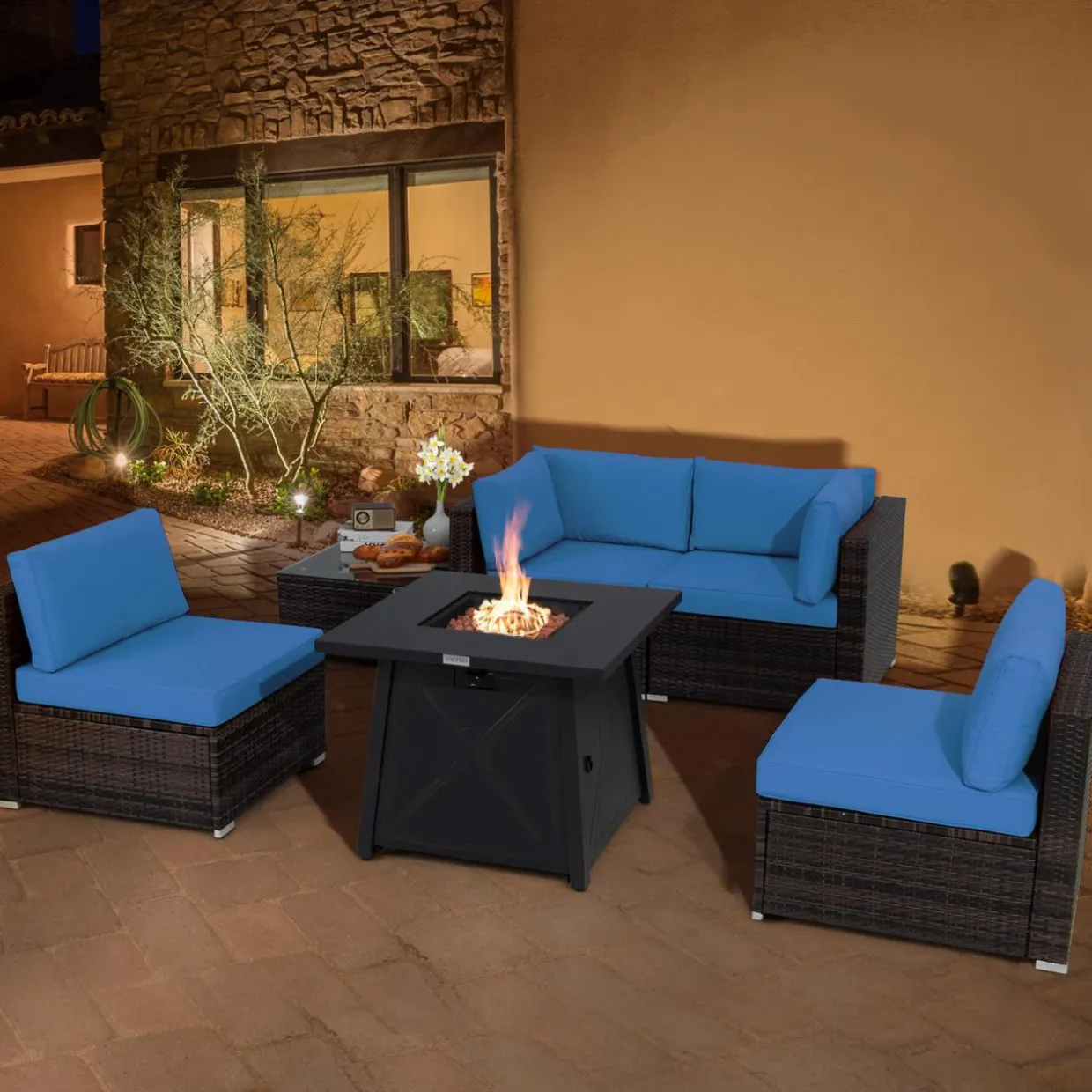 Tangkula 6-Piece Patio Furniture Set with 30" Propane Fire Pit Table