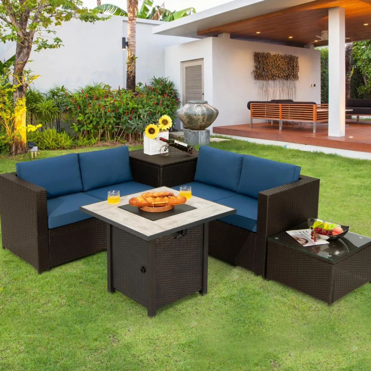 Tangkula 5-Piece Patio Furniture Set with 30 Inches Gas Fire Pit Table