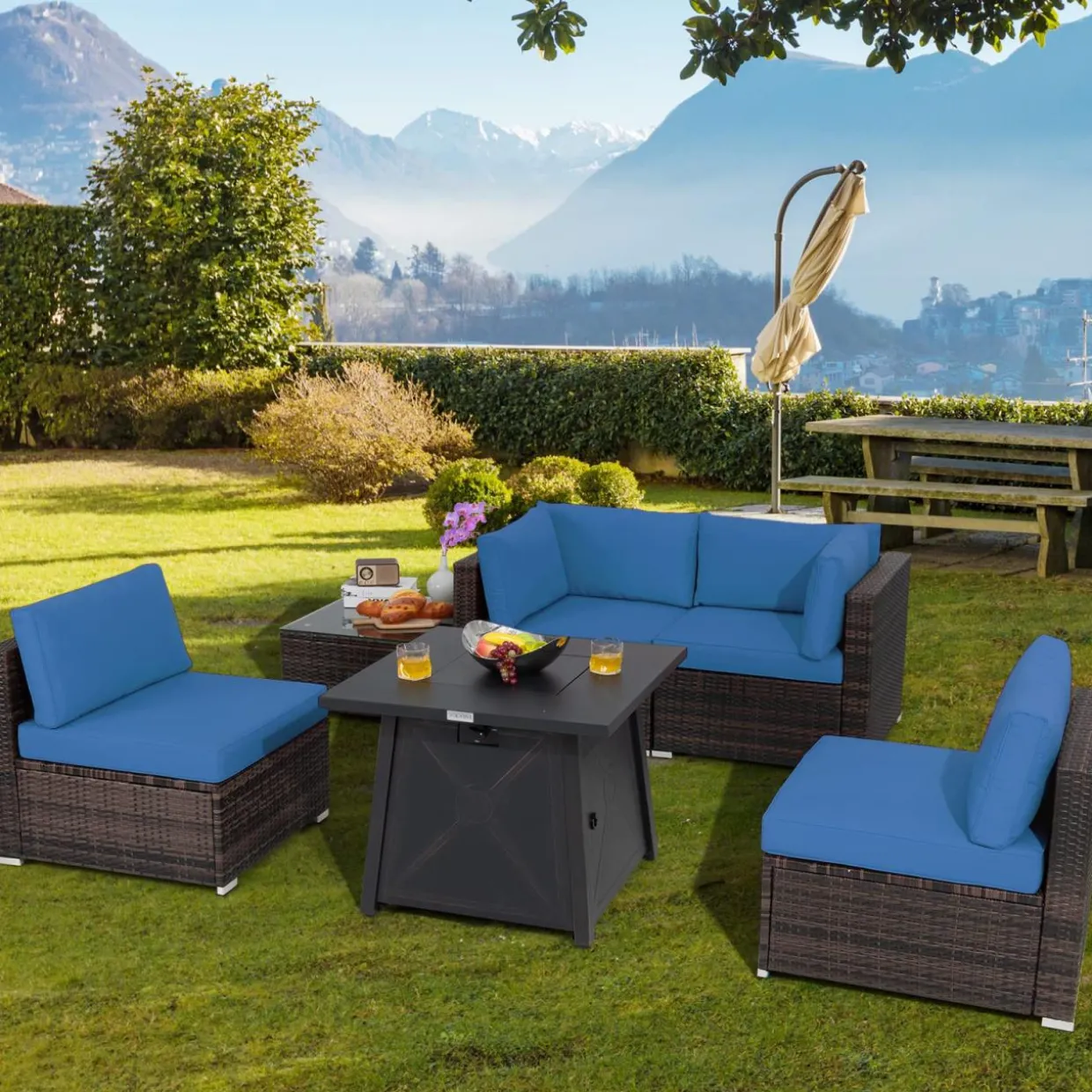 Tangkula 6-Piece Patio Furniture Set with 30" Propane Fire Pit Table