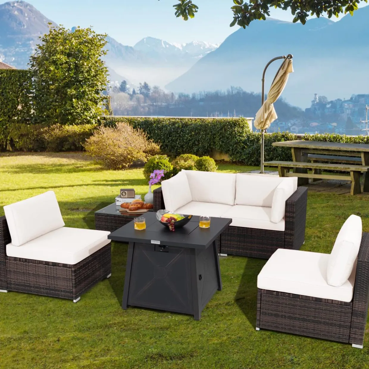 Tangkula 6-Piece Patio Furniture Set with 30" Propane Fire Pit Table