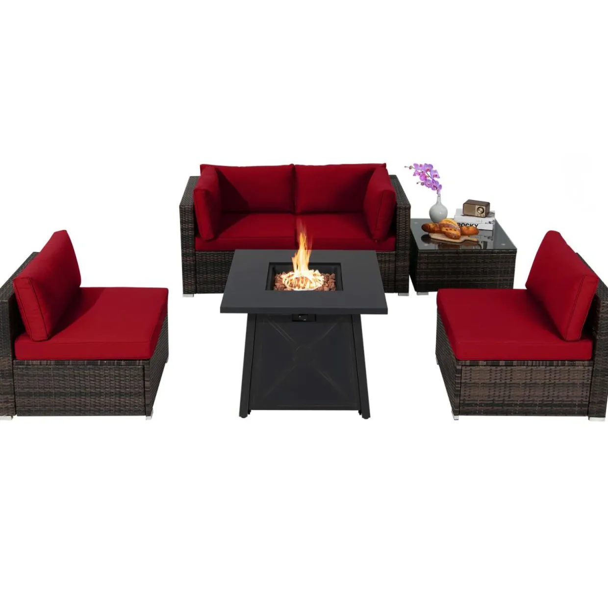 Tangkula 6-Piece Patio Furniture Set with 30" Propane Fire Pit Table