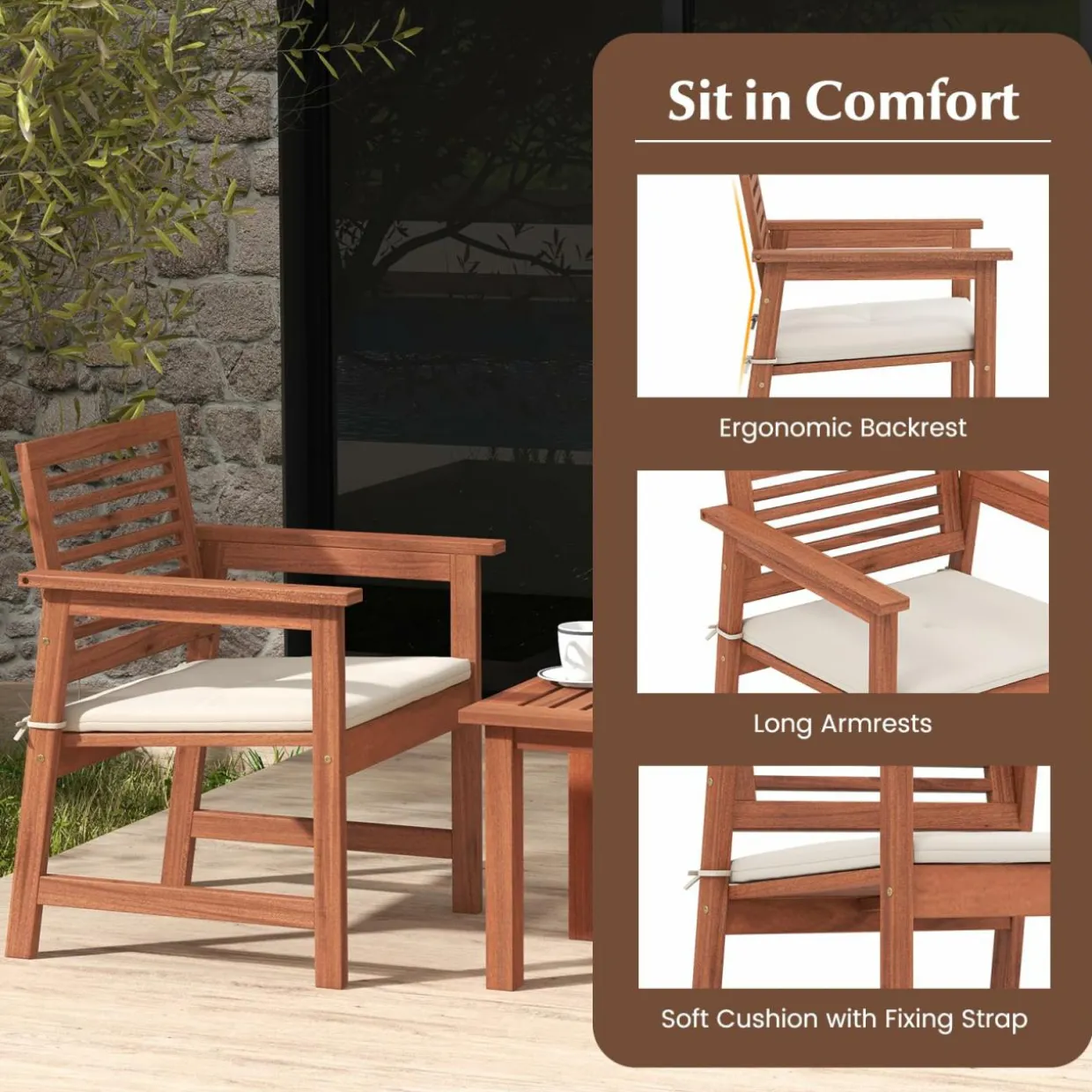 Tangkula 3-Piece Patio Furniture Set, Outdoor Bistro Set w/2 Seat Cushions, Coffee Table