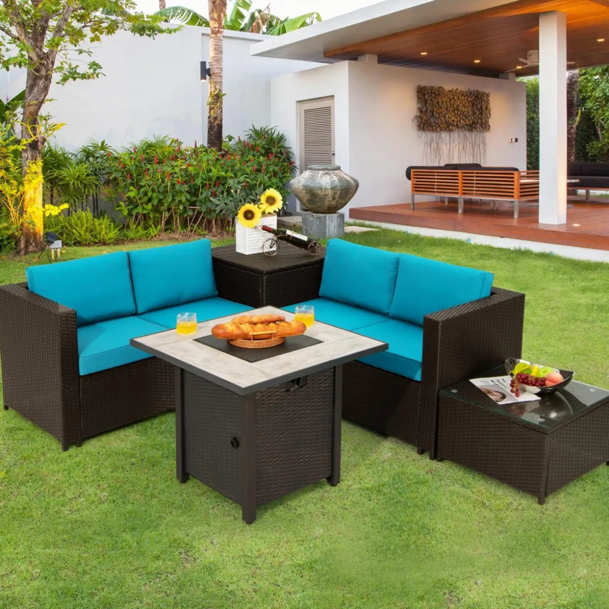 Tangkula 5-Piece Patio Furniture Set with 30 Inches Gas Fire Pit Table
